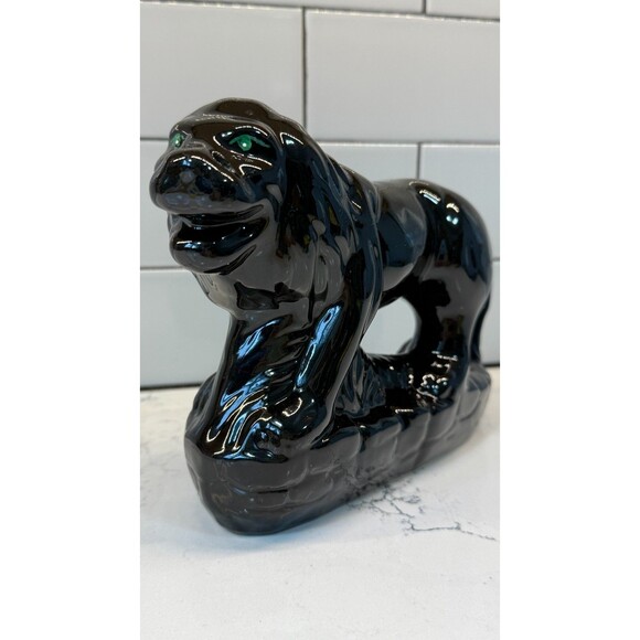 Vtg MCM Black Ceramic Stalking Lion Cat Figurine Green Eyes 9” Gloss Art Rare - Picture 16 of 16